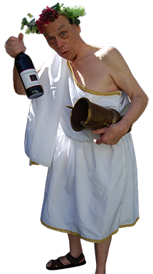 <div class='curved_float' style='background-color:white;padding:10px;width:212px'><div class='paragraph_black' style='font-size:16px;font-weight: bold'>Bacchus, Roman God of Wine & Party Times</div><div class='paragraph_black' style='font-size:11px'>He�s a funny older man who is dressed as the leering, lecherous and slightly drunk God of wine. He sings a drinking song saluting wine, customizes a Happy Birthday song with personal information about the recipient, exclaims they�re going to party with the best wine in the world and gives the recipient a bottle of Two Buck Chuck.</div></div>