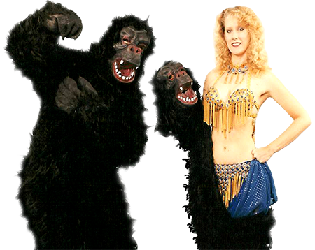 <div class='curved_float' style='background-color:white;padding:10px;width:212px'><div class='paragraph_black' style='font-size:16px;font-weight: bold'>Gorilla/Belly Dancer</div><div class='paragraph_black' style='font-size:11px'>Someone in a gorilla costume comes into the party to a corny song, hopping around and embarrassing the celebrant. One minute later, the costume unzips and out comes a beautiful belly dancer. The music changes to Middle Eastern beats, and the beautiful belly dancer dances for and with the honoree. She also gives the honoree a festive hat. </div></div>